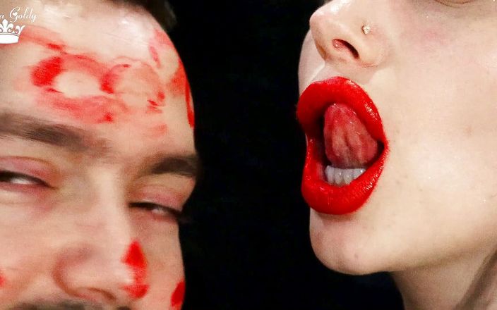 Goddess Misha Goldy: Covering Alex face with red lipsticks kisses