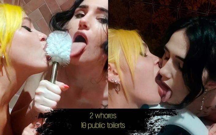 Forest whore: Extreme toilet challenge. Two whores lick 10 public toilets in a...
